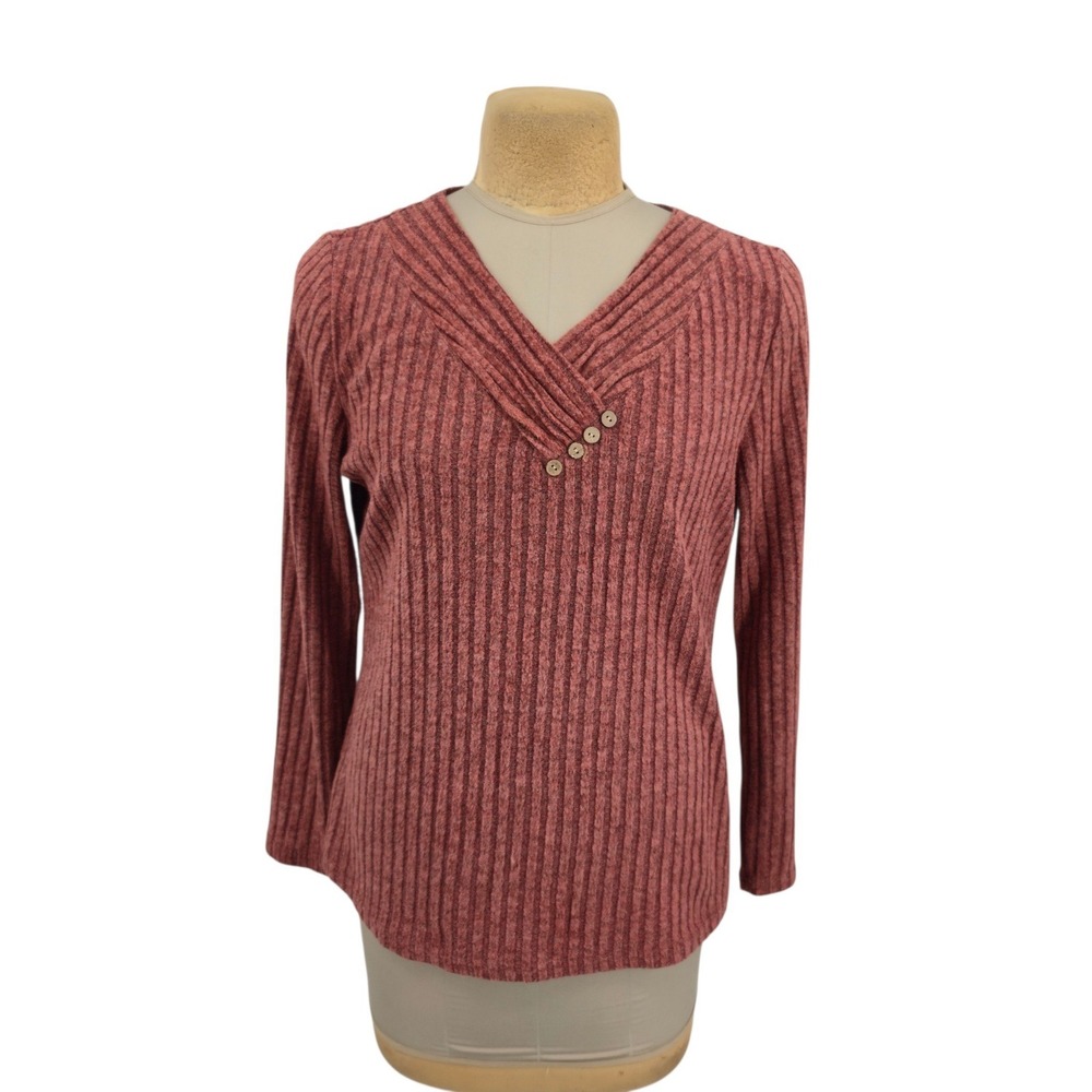 Sampeel Ribbed Knit Top Women Large Dusty Rose V-Neck Casual Cottagecore Earthy
